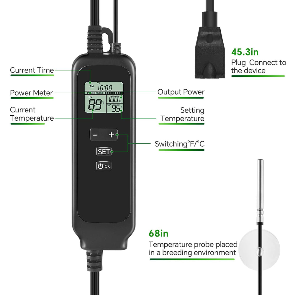 juttilax digital thermostat display shows real-time temps for precise enclosure control