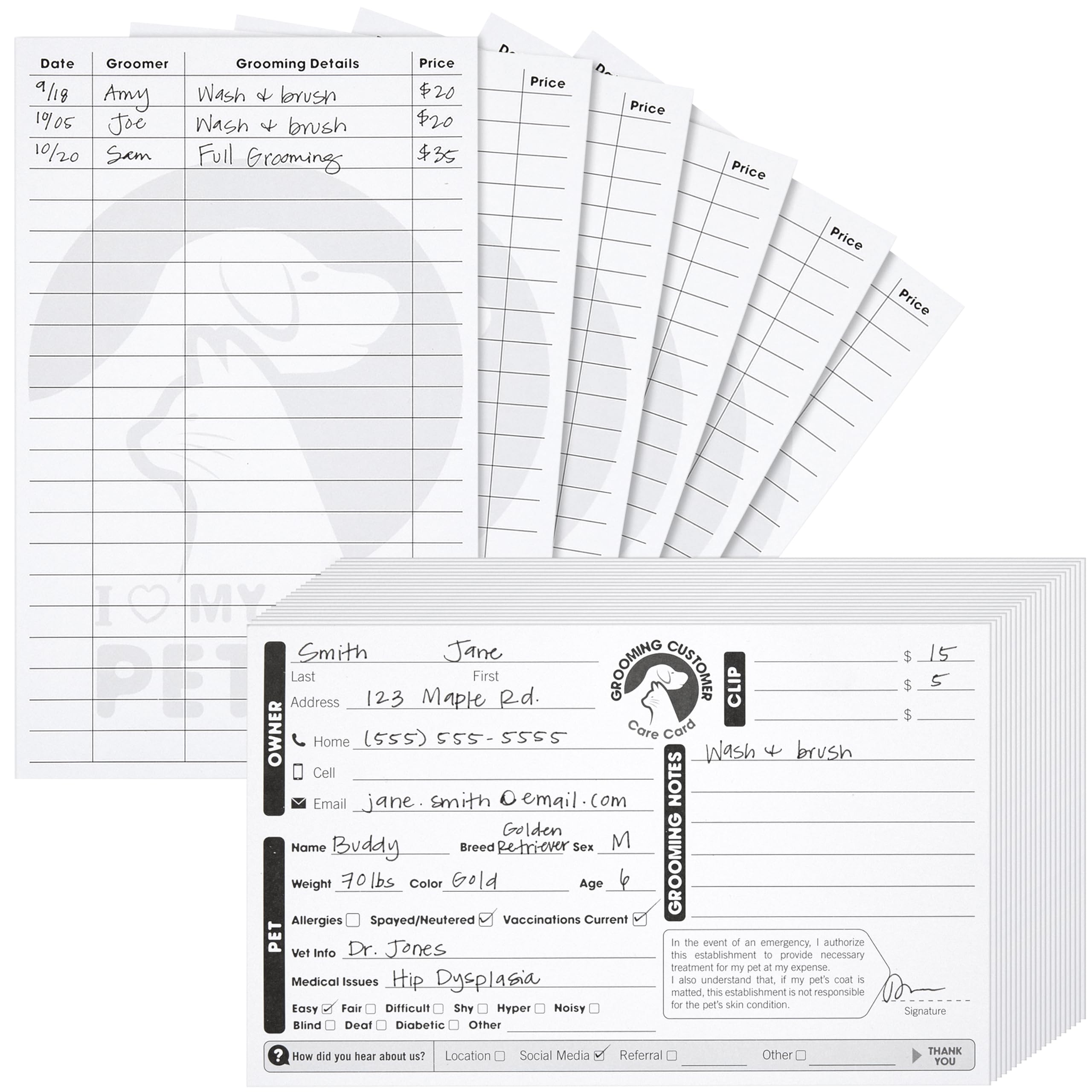 Juvale client information fields on grooming cards for quick details