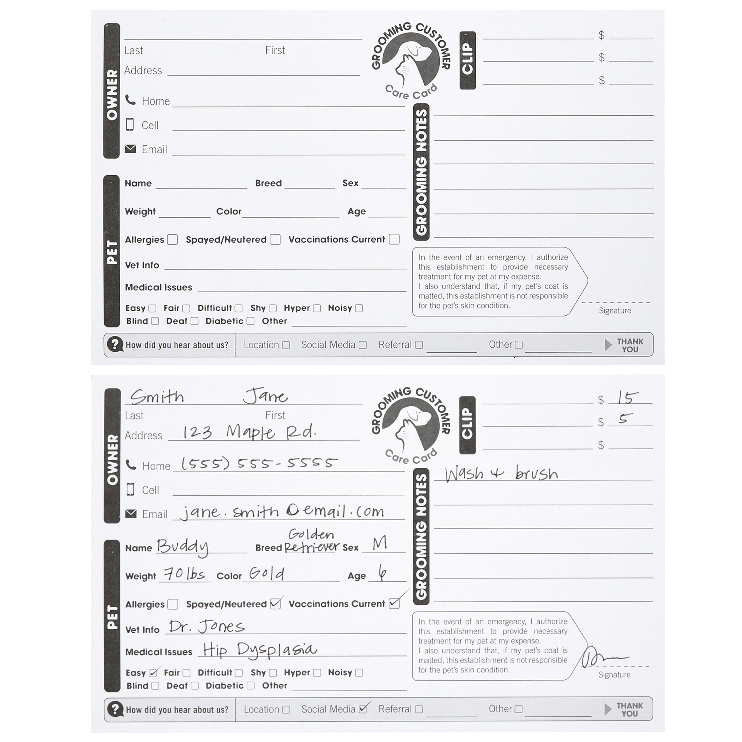 Juvale grooming card size 8x5 inches offering ample space for pet details
