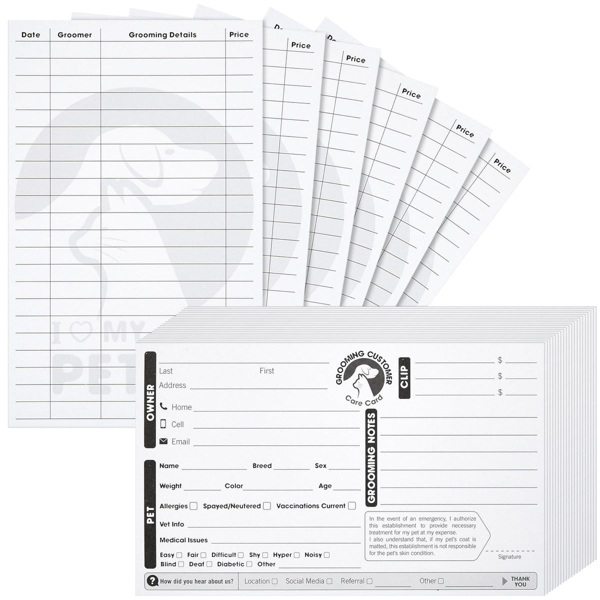 Juvale pet grooming cards front with clean layout for quick data entry during check-ins