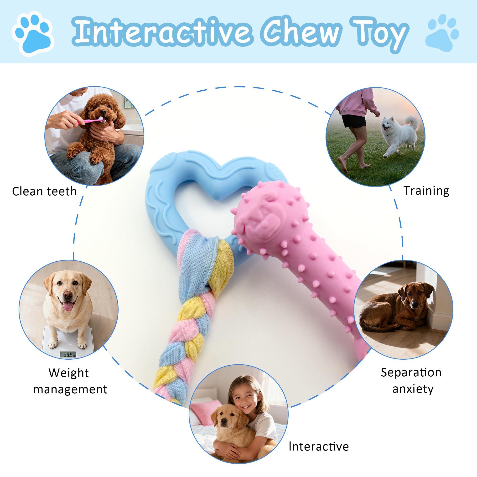 Juxiamal puppy teething toy set packaging showing four colorful shapes