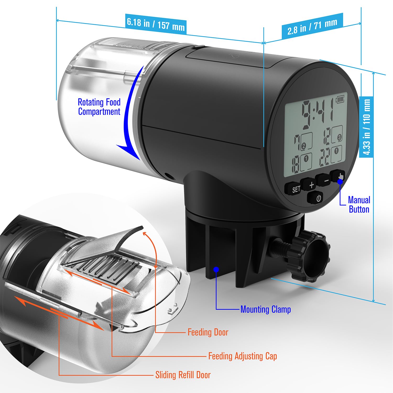 JuzPetz feeder battery compartment with included AAA batteries for portable use