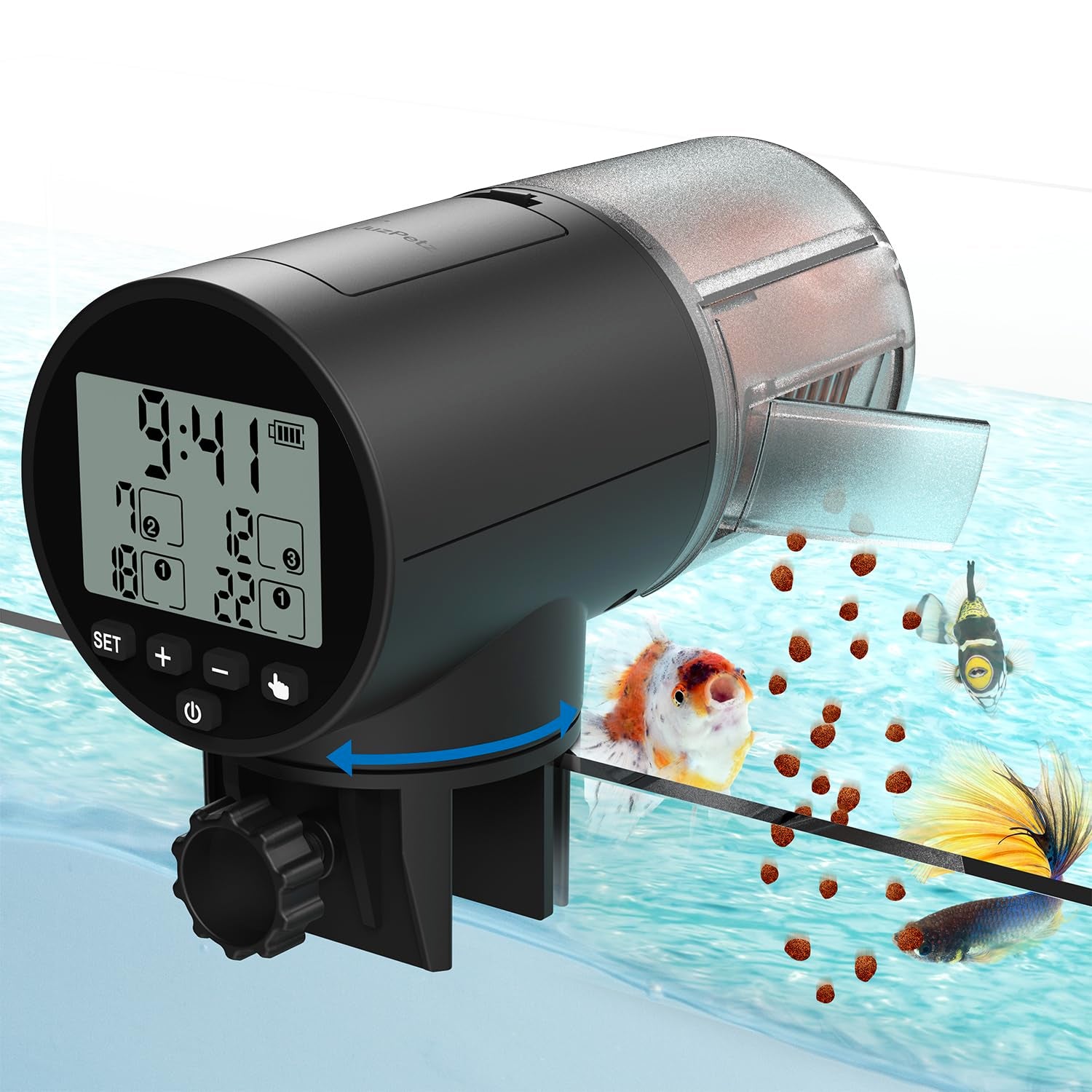 JuzPetz automatic fish feeder dispensing mechanism enabling precise meals while you away