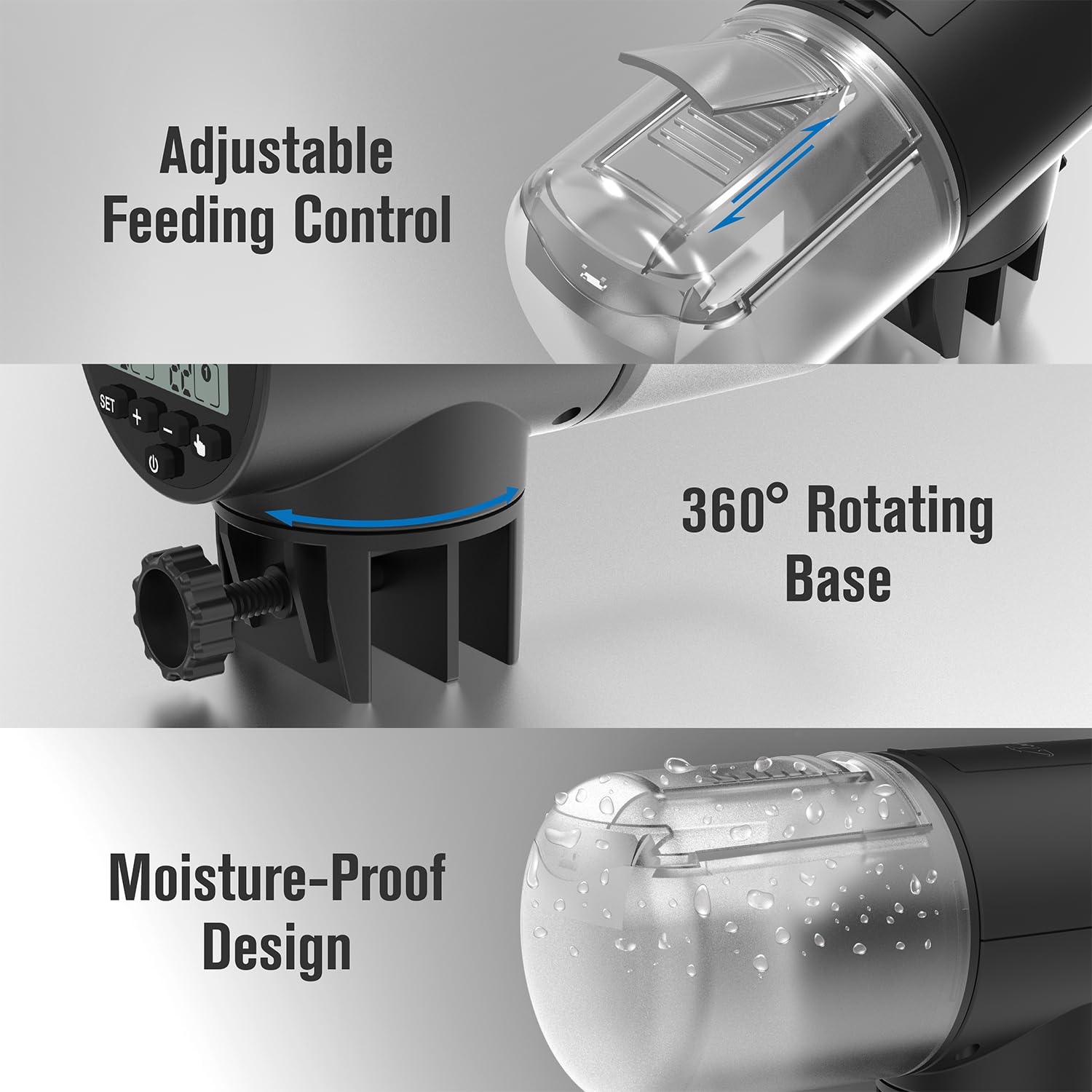 JuzPetz flexible mounting options on glass or tank cover for tidy setup