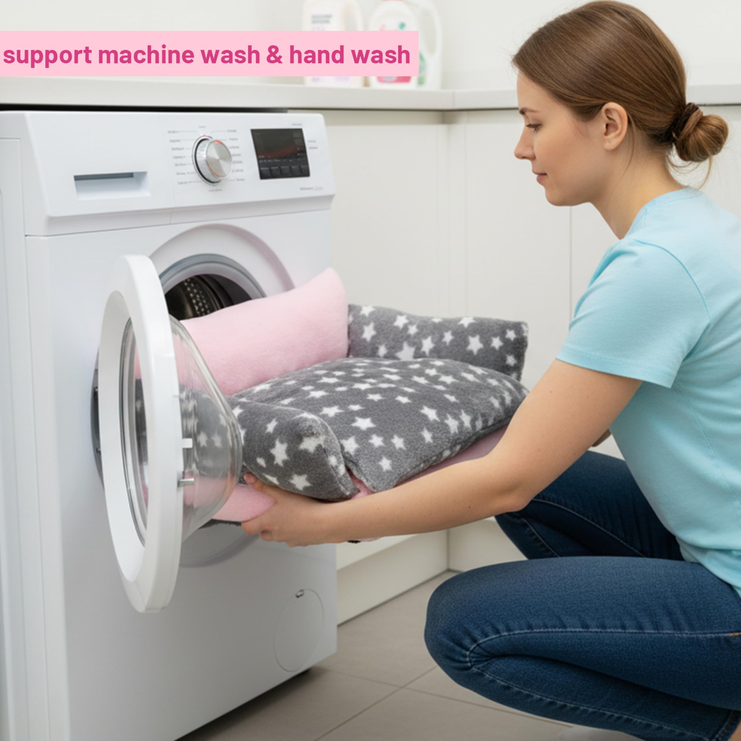 JVVGPET Easy-clean fleece close-up highlights machine-wash friendly care.