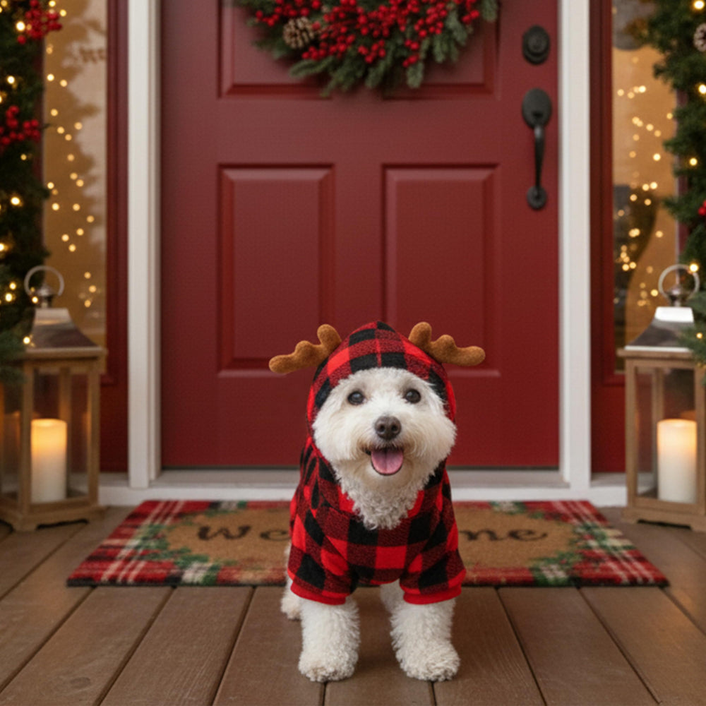 JVVGPET holiday party look dog pajamas for festive travels and events.