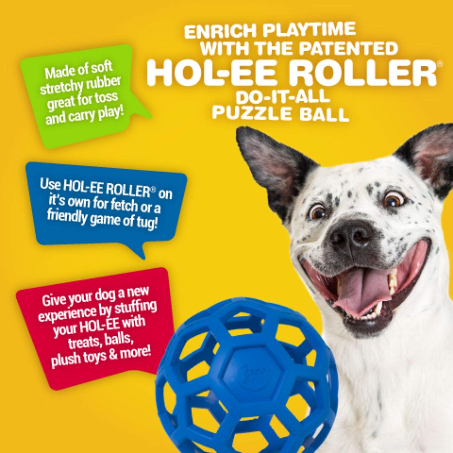 JW Pet Hol-ee Roller durable natural rubber for fetch and toss indoors or outdoors.