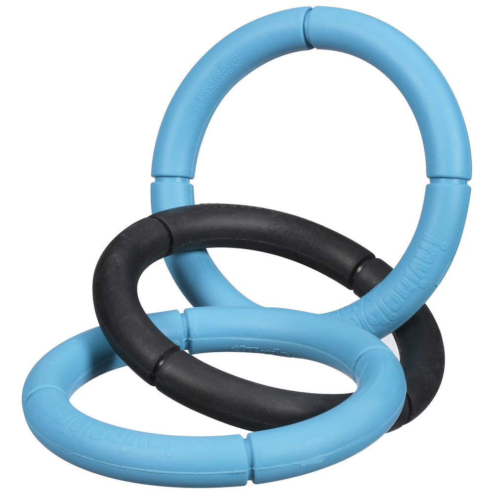 JW Pet large-dog play image with three linked rings during fetch