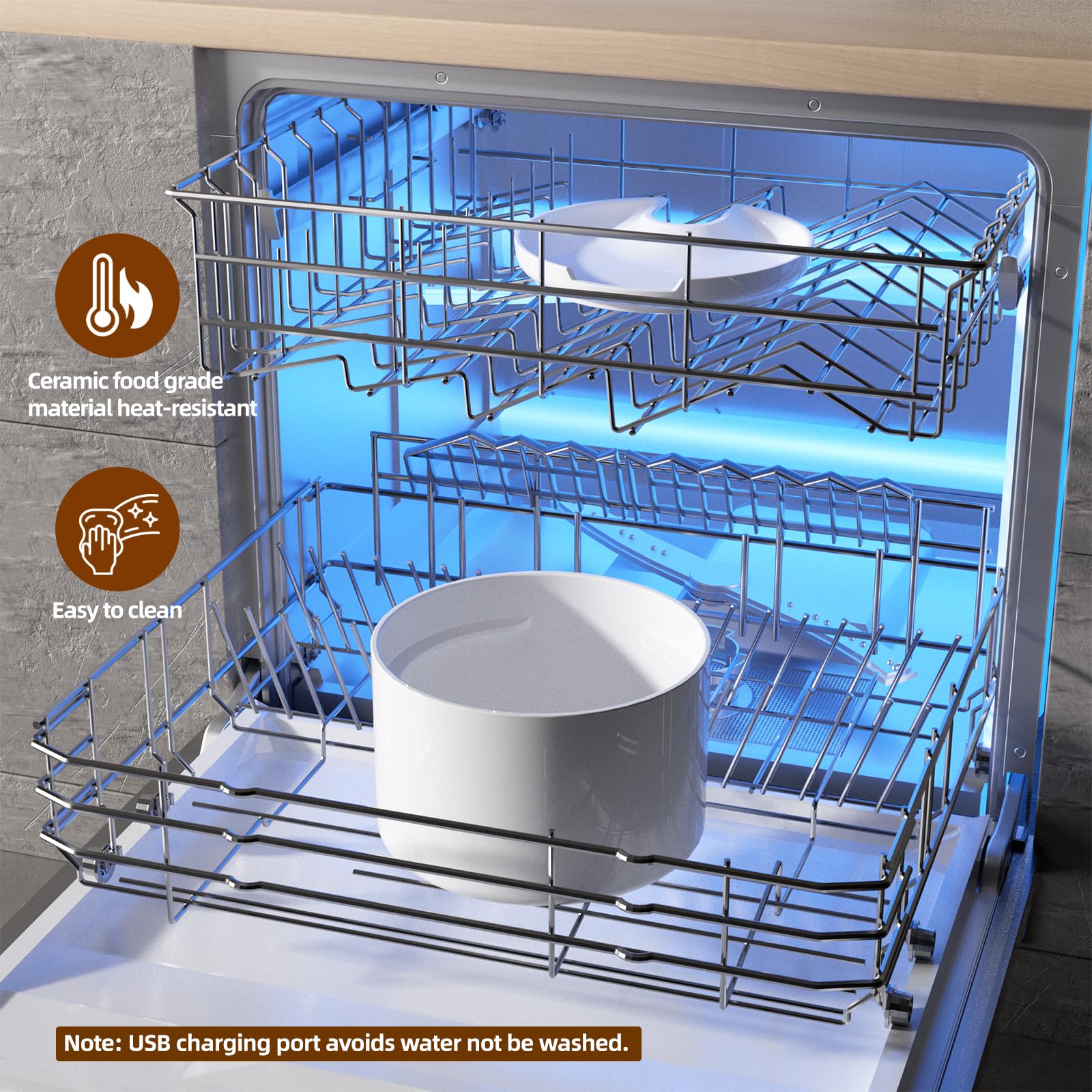 Dishwasher-safe ceramic tray and BPA-free ABS components of the fountain