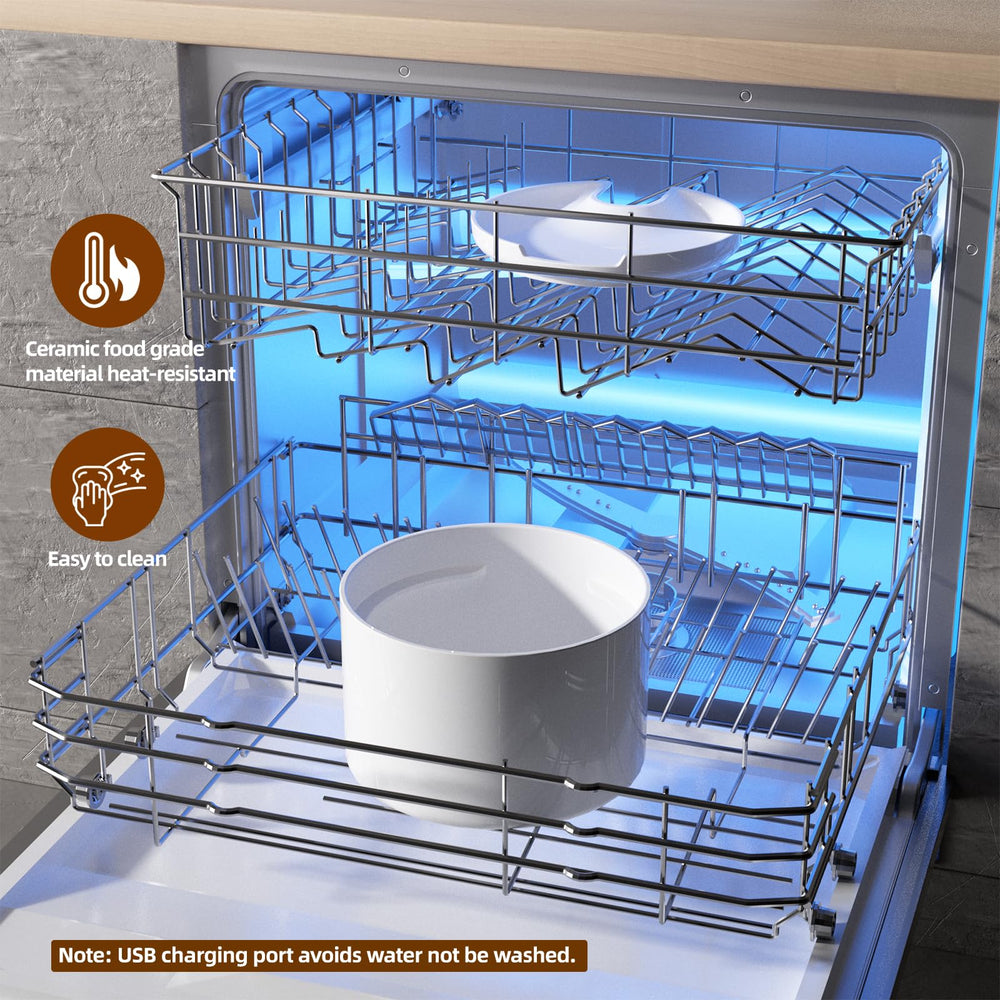 Dishwasher-safe ceramic tray and BPA-free ABS components of the fountain