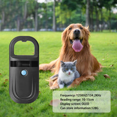 JZLHGOFYTD pet microchip scanner LCD display in bright daylight.