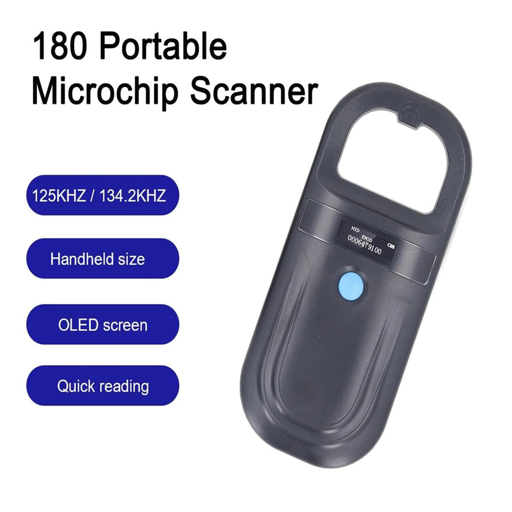 JZLHGOFYTD pet microchip scanner reading a tag for ID confirmation.