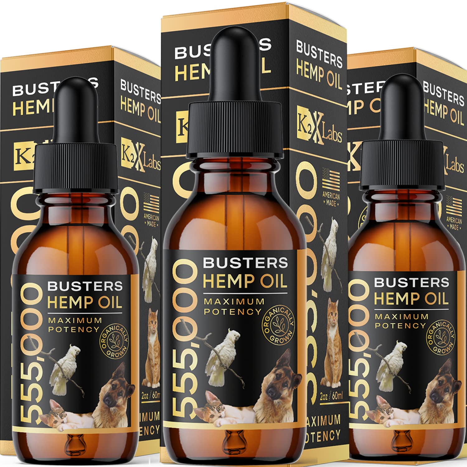 K2xLabs Buster hemp oil dog bottle 60ml for easy dosing and omega balance.