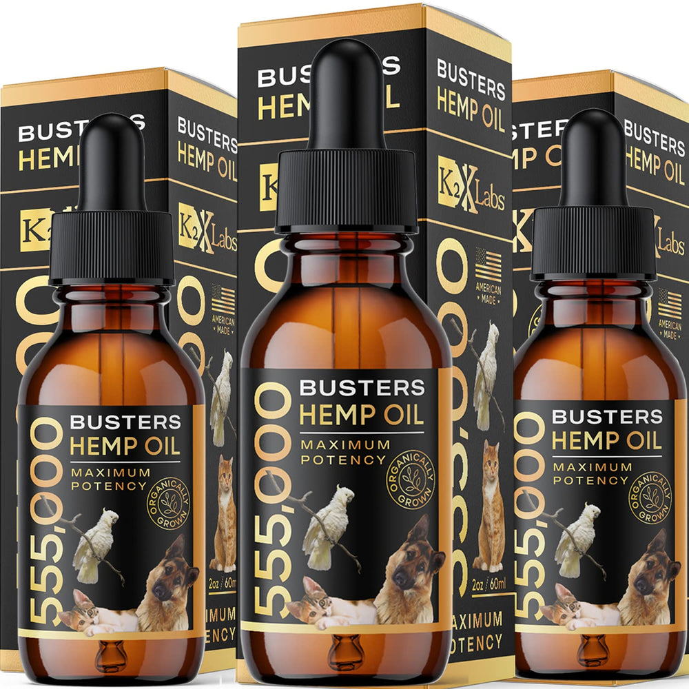 K2xLabs Buster hemp oil dog bottle 60ml for easy dosing and omega balance.