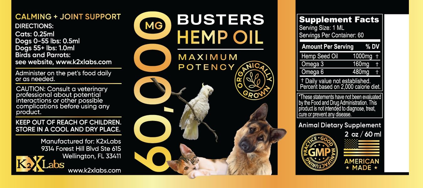 K2xLabs Buster hemp oil dropper shows easy daily dosing for calming.