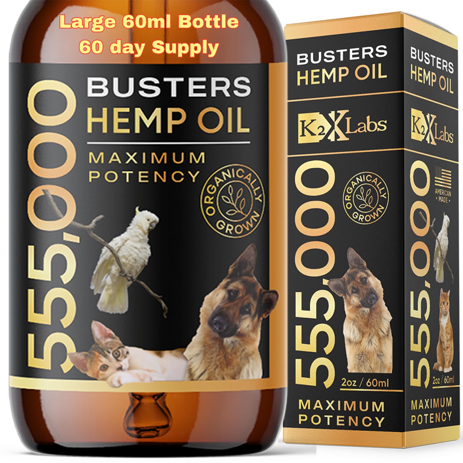 K2xLabs Busters bottle 60ml displaying clean label for pet joint support.