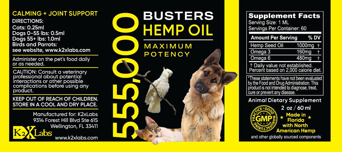 K2xLabs Buster's hemp oil drops pour for easy daily administration and quick absorption.