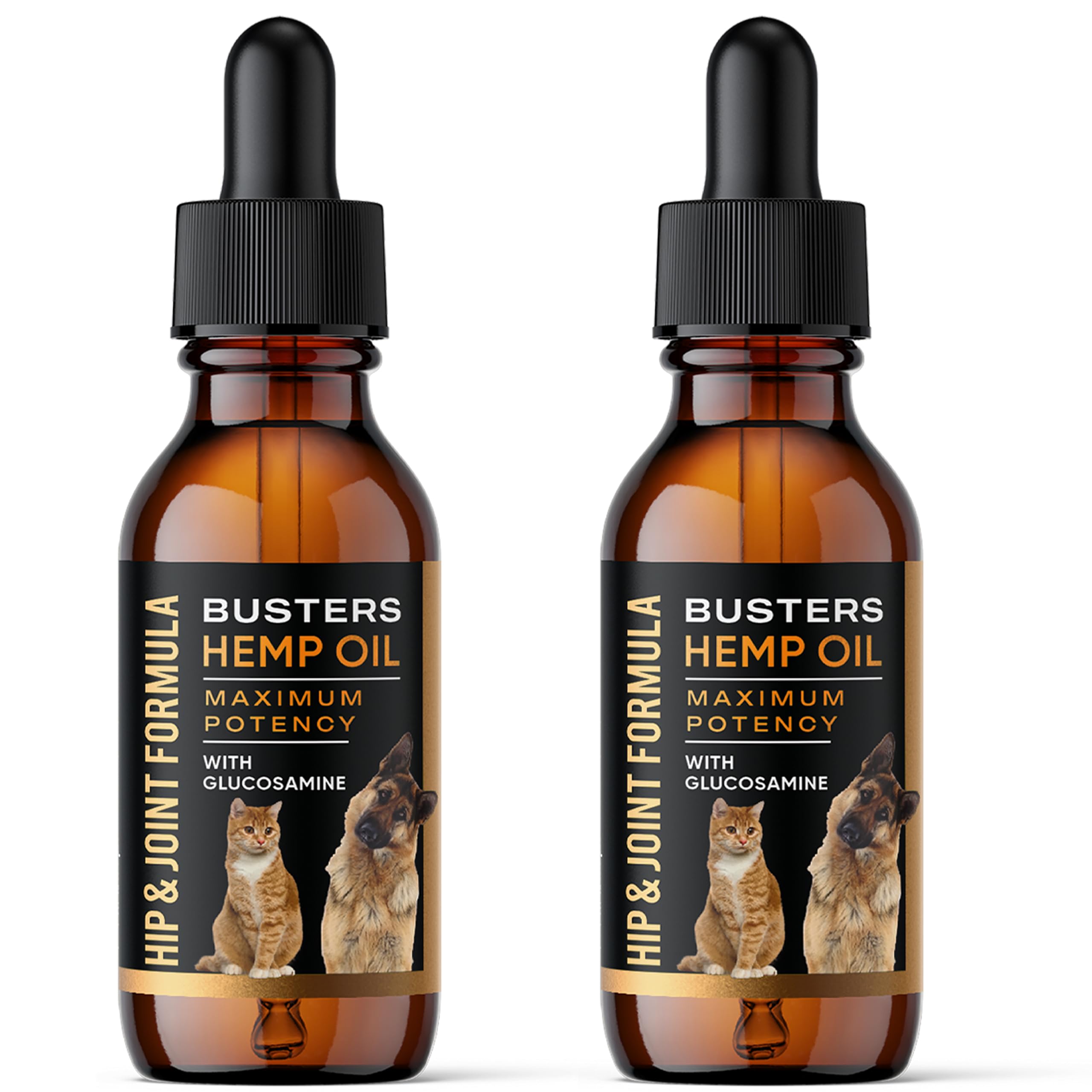 K2xLabs Busters hip joint hemp oil bottle on shelf for pets mobility support