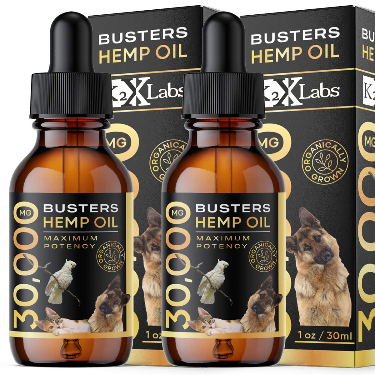 K2xLabs Busters Organic Hemp Oil bottle for easy dropper administration and calmer pets
