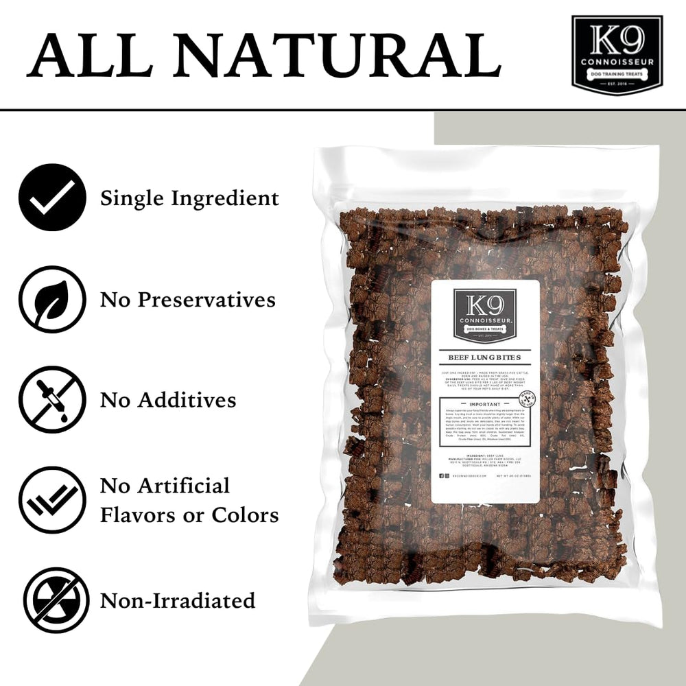 K9 Connoisseur beef lung treats close-up of single-ingredient formula ideal for training rewards.