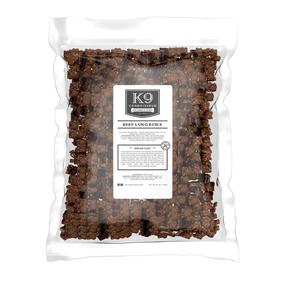 K9 Connoisseur beef lung treats packaging highlights all-natural, grain-free formula for dogs.
