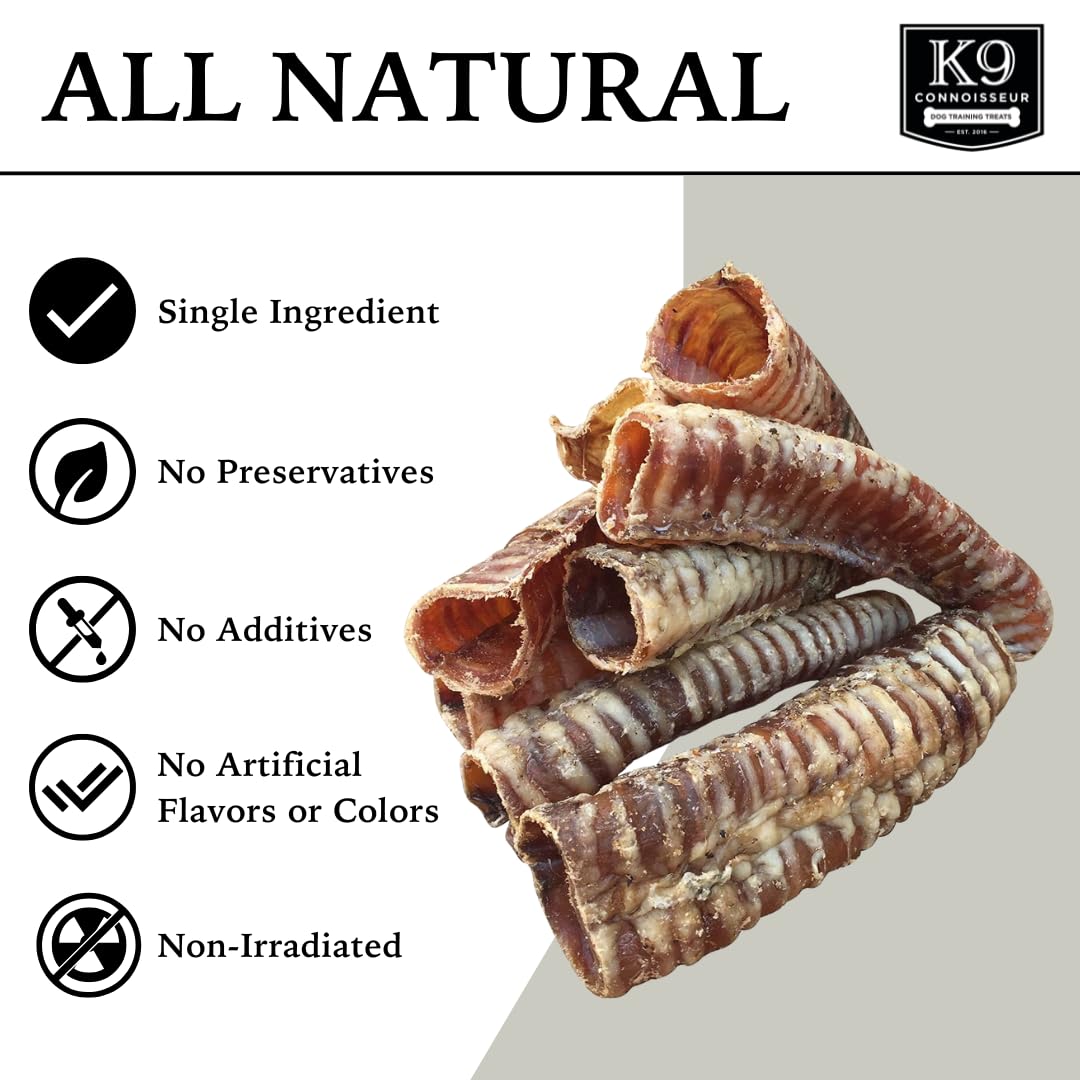 K9 Connoisseur trachea chews 7in pack back shows simple single-ingredient label.