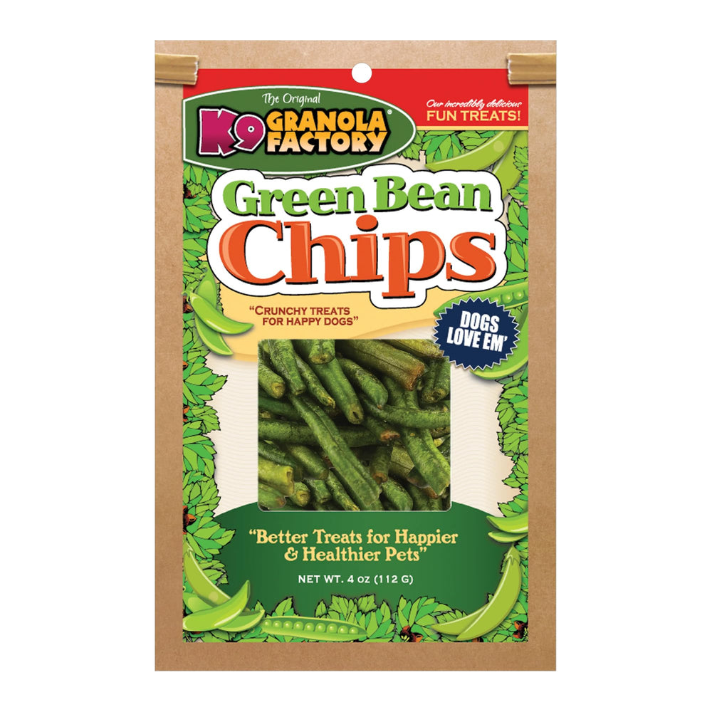 K9 Granola Factory Green Bean Chips front packaging shows all-natural low-calorie bites