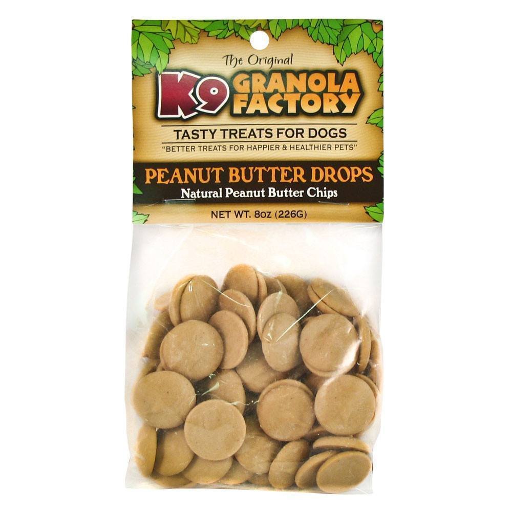 K9 Granola Factory Peanut Butter Drops dog treat close-up, crunchy bites ideal for training rewards
