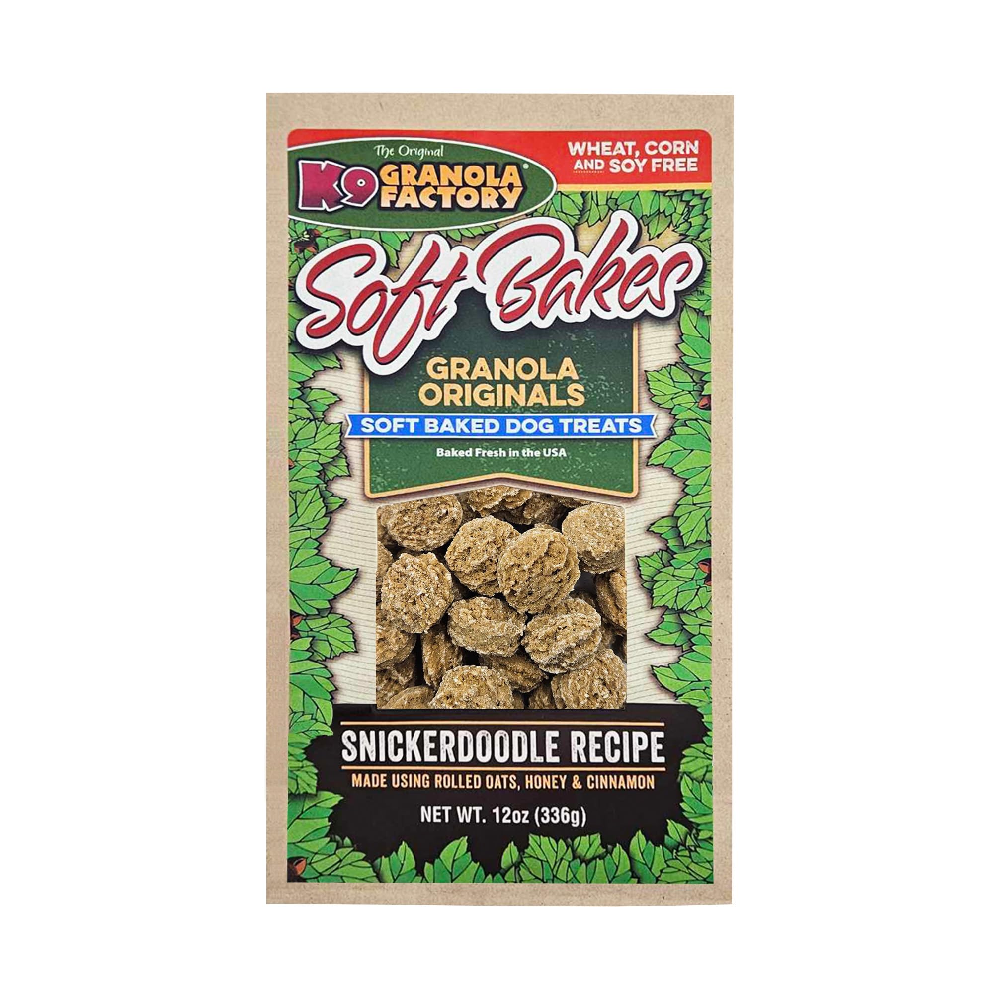 K9 Granola Factory Snicker Dog Treat packaging with freshness seal for lasting flavor