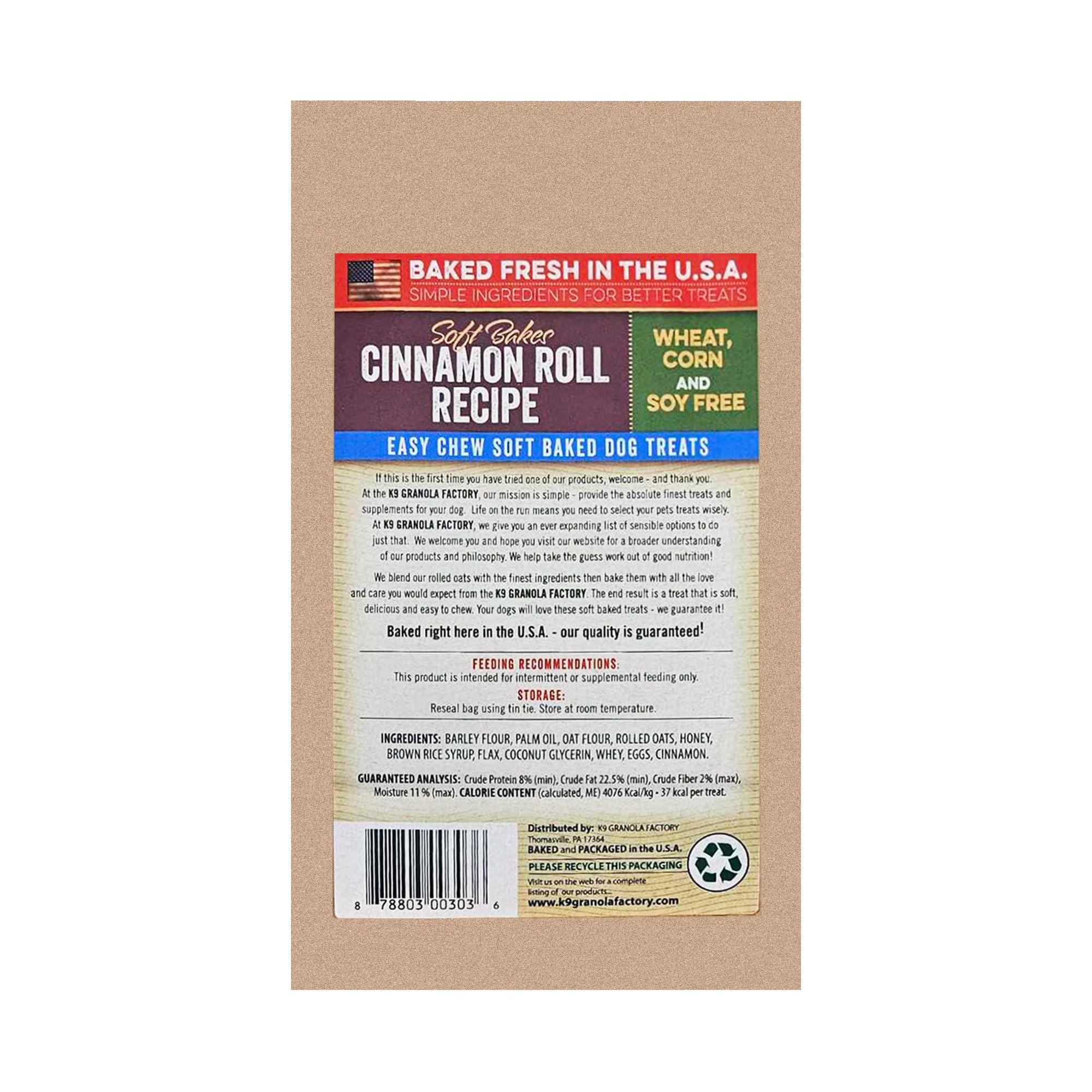 K9 Granola Factory Soft Bakes Cinnamon Roll treat closeup — oats, honey and cinnamon for wholesome rewards.