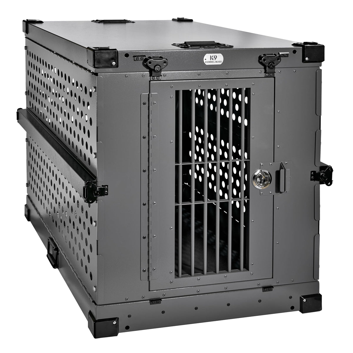 K9 Kennel Boss crate front view in gray showcases sturdy aluminum construction for lasting use.