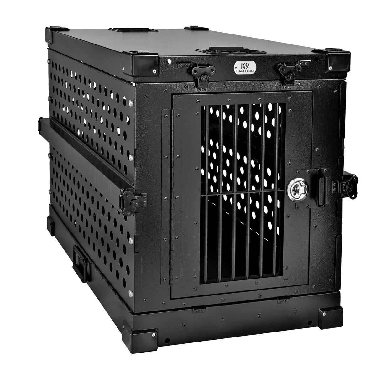 K9 Kennel Boss heavy-duty crate side view shows rugged aluminum construction for durability