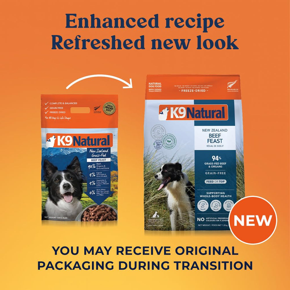 K9 Natural beef freeze-dried raw chunks, easy to mix with kibble for enhanced texture.