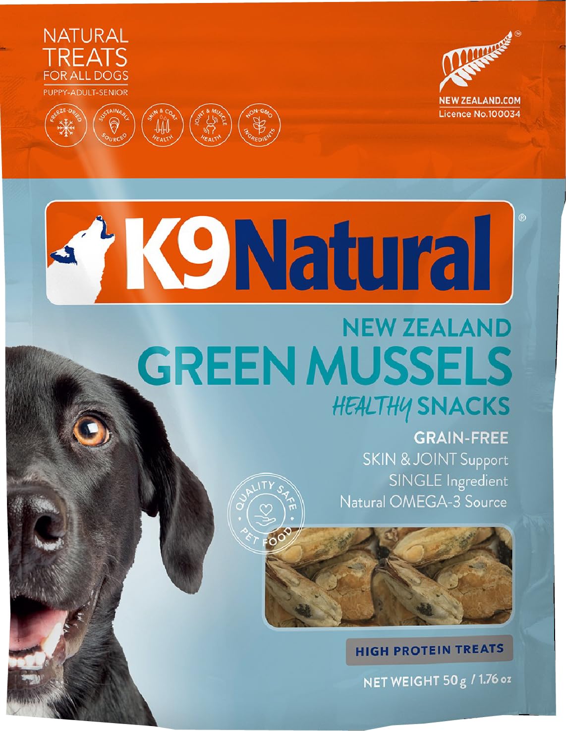 K9 Natural freeze-dried green mussels pack — high-value training rewards.