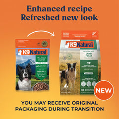 K9 Natural freeze-dried lamb dog food pieces on tray for easy serving