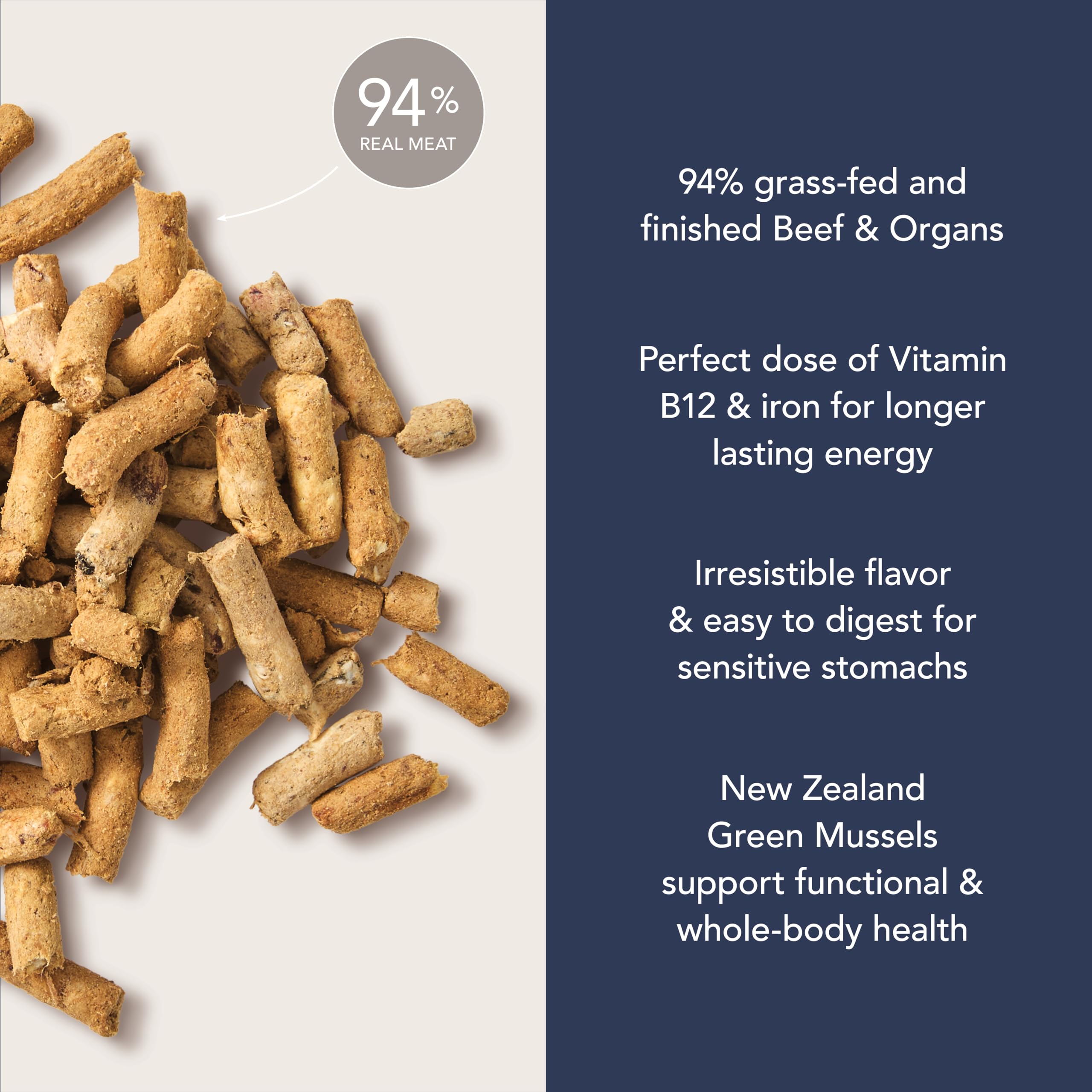 K9 Natural New Zealand beef topper enhances meal aroma and appeal.