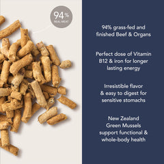 K9 Natural New Zealand beef topper enhances meal aroma and appeal.