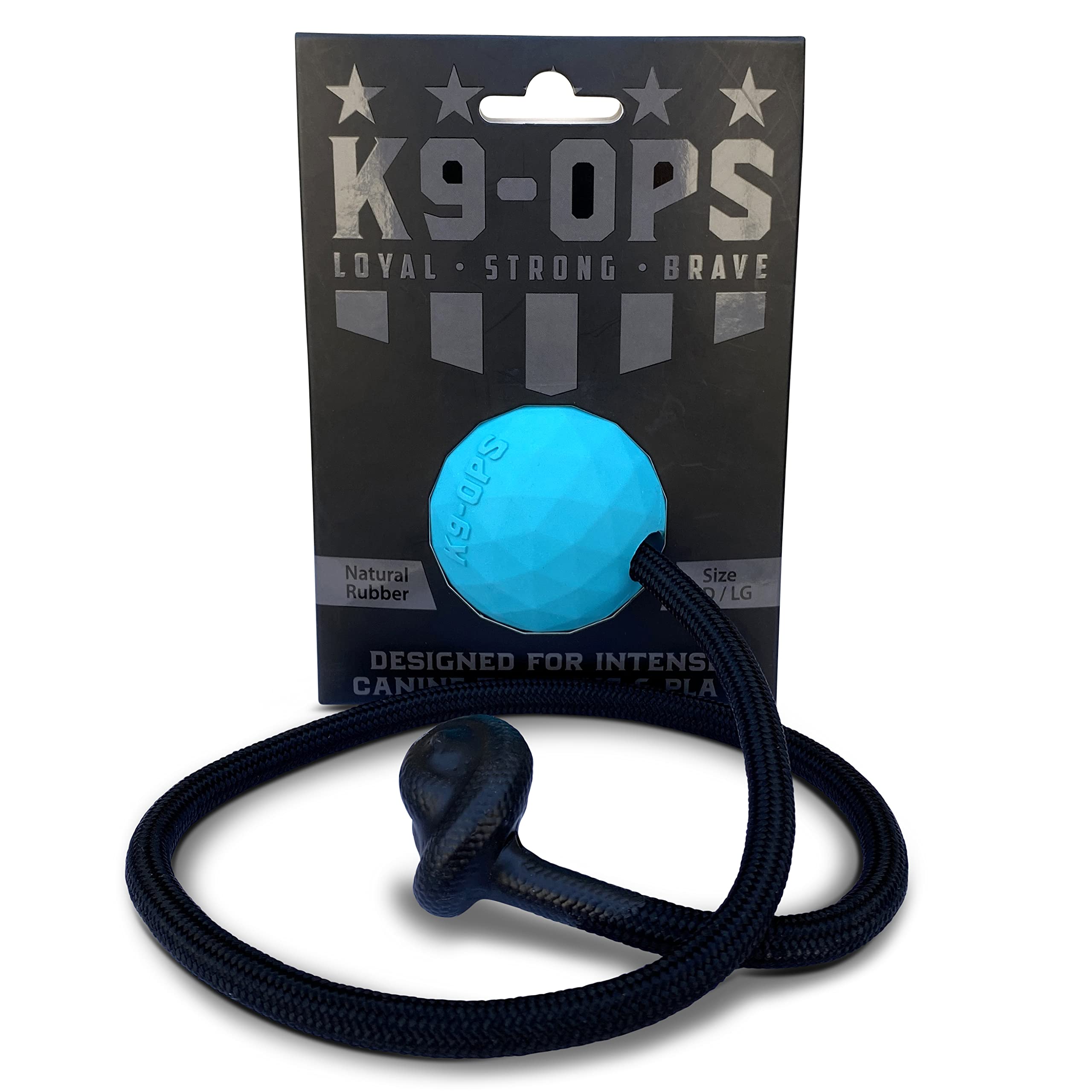 K9 Ops Moki Tug Toy Lagoon Blue ball and rope for high-energy fetch training.