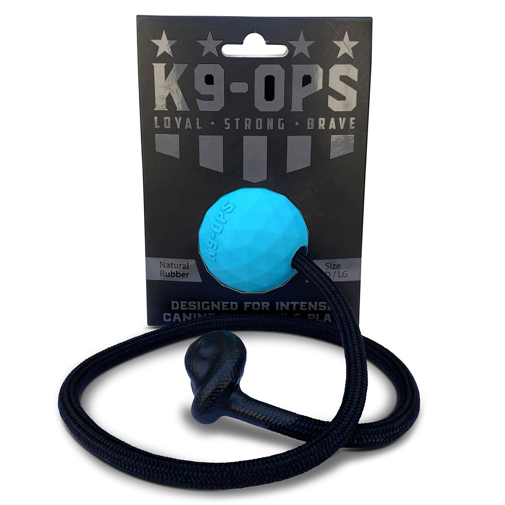 K9 Ops Moki Tug Toy Lagoon Blue ball and rope for high-energy fetch training.