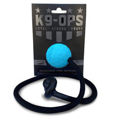 K9 Ops Moki Tug Toy Lagoon Blue ball and rope for high-energy fetch training.
