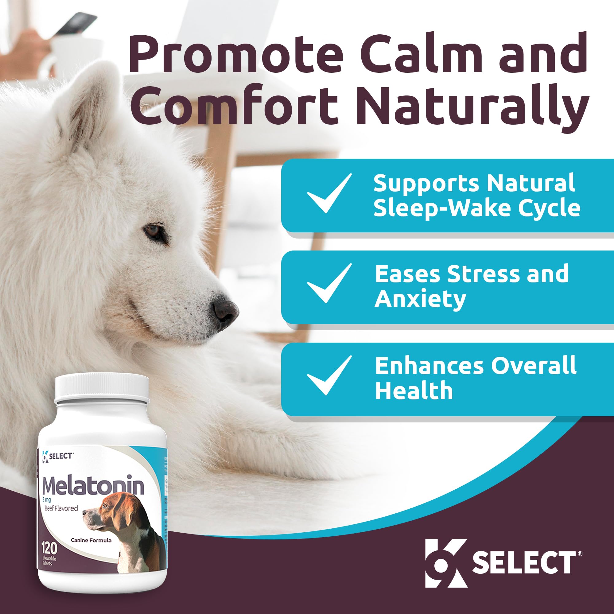 K9 Select Composure dog calming treats show beef flavor and relaxation.