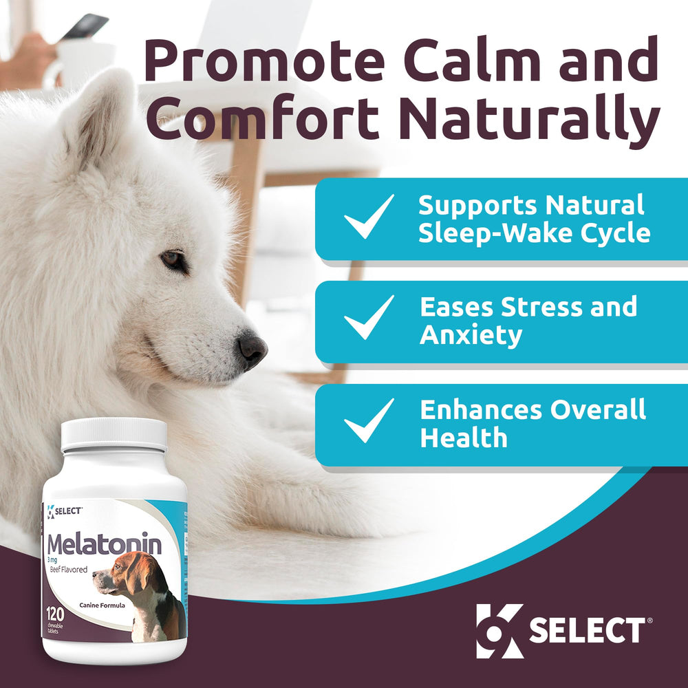 K9 Select Composure dog calming treats show beef flavor and relaxation.