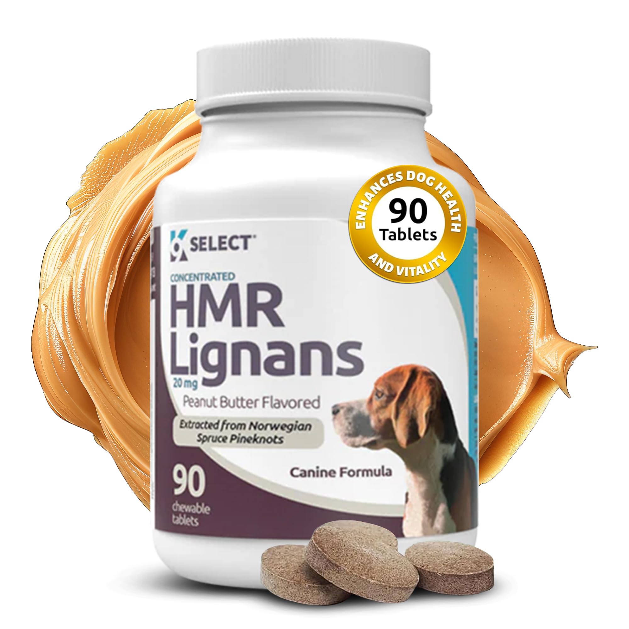 K9 Select HMR Lignans tablet bottle close-up showing 20 mg dose for medium dogs.