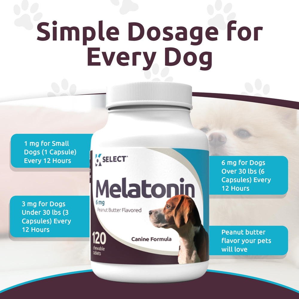 K9 Select melatonin 6mg dog dose image suggests consistent sleep support for larger breeds