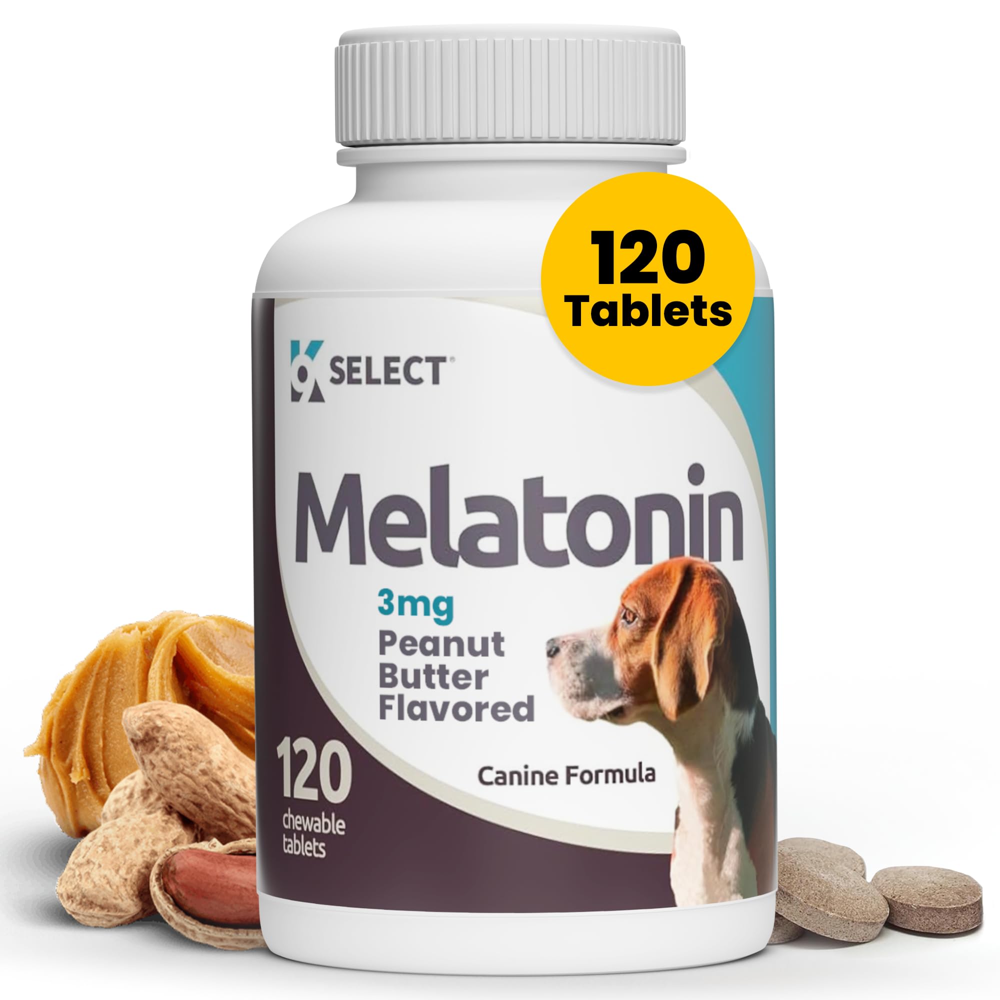 K9 Select melatonin bottle front close-up showing calming dog supplement