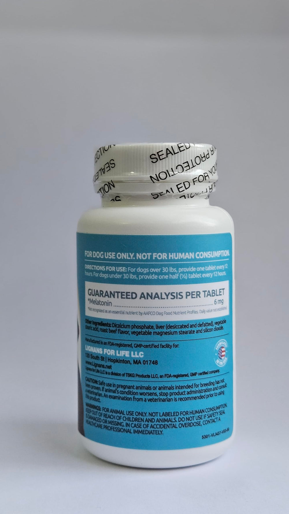 K9 Select melatonin bottle on shelf communicates daily use for calmer routines.