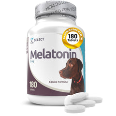 K9 Select melatonin bottle with tablets promotes calm evenings for dogs.