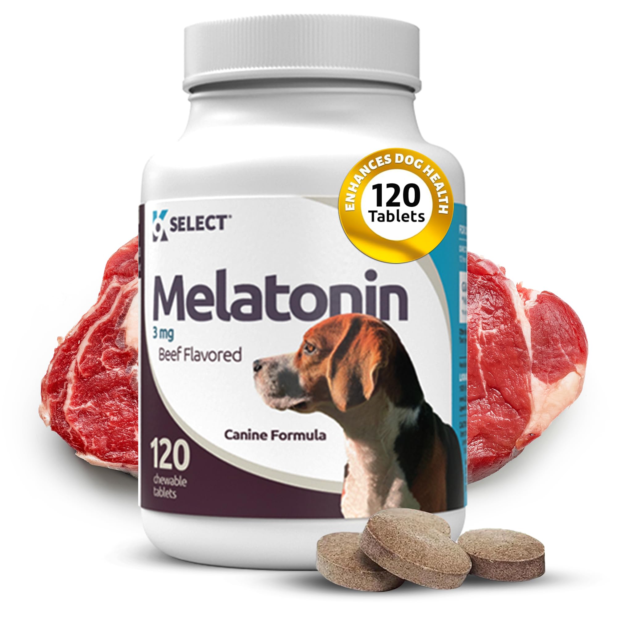 K9 Select Melatonin dog chews bottle promotes calming during storms.