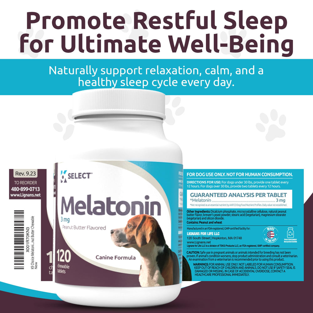 K9 Select melatonin tablet in a dog's resting scene for peaceful nights