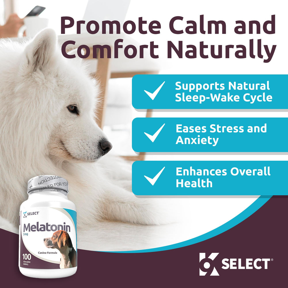 K9 Select Melatonin dog sleep aid tablets support restful nights for dogs of all sizes.